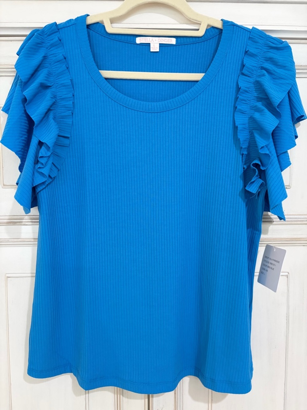 NWT SZ L Stella + Ginger Bright Blue Ruffle Sleeve Ribbed Tee